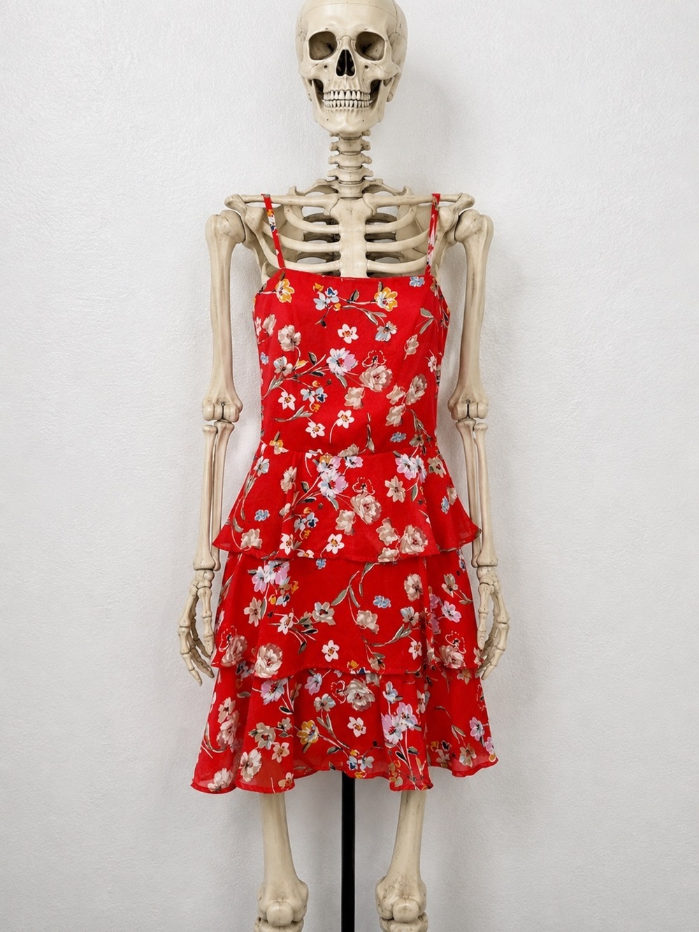 ROW A Womens Red Orange Floral Ruffle Tiered Dress Size S Sleeveless NWOT